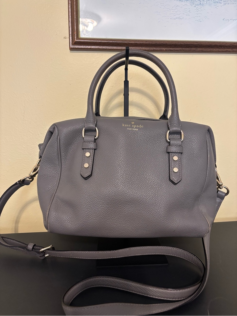 kate spade Gray Pebbled Leather Satchel with Detachable Strap